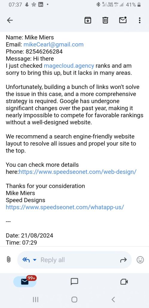 The unsolicited SEO email claiming magecloud.agency lacks in many areas