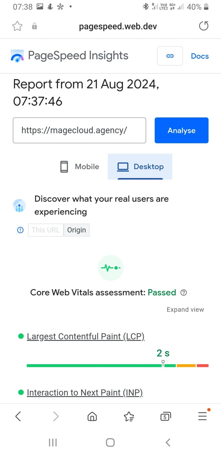 Google PageSpeed Insights showing magecloud.agency passing the Core Web Vitals assessment