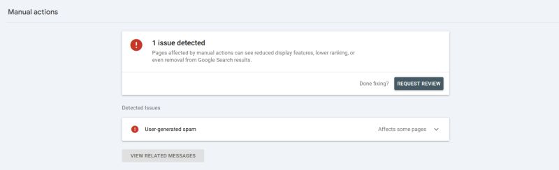 Google Search Console Manual actions panel showing user-generated spam detected