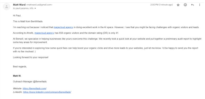 The cold outreach email citing magecloud.agency's domain rating and offering a free audit report
