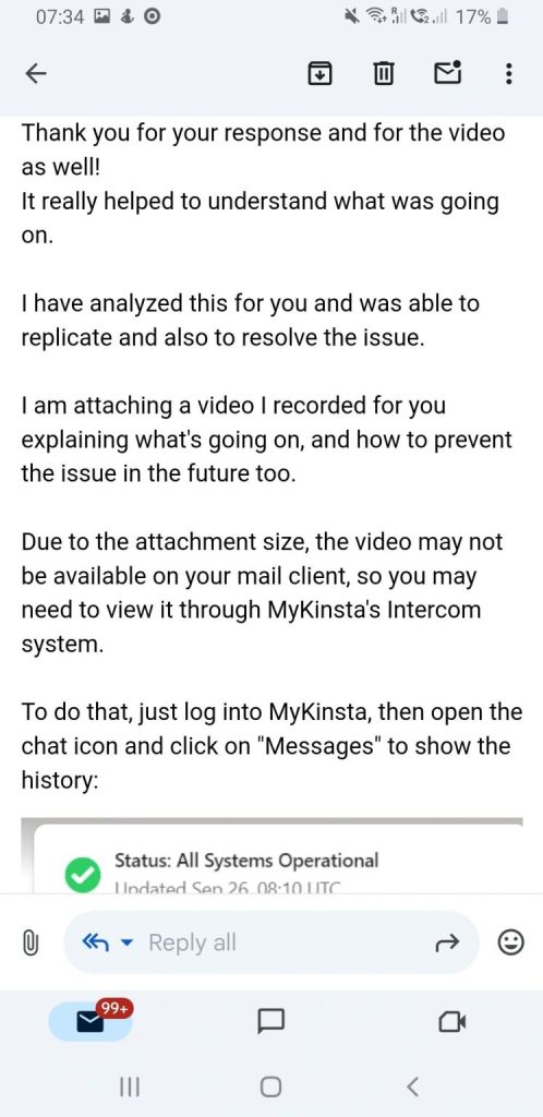 Kinsta support email confirming they replicated and resolved a performance issue after receiving a diagnostic video
