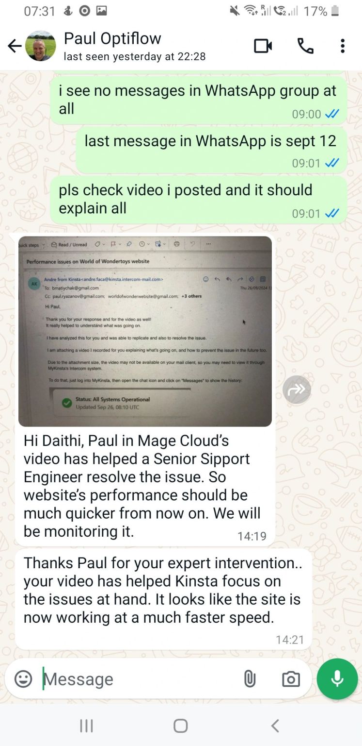 WhatsApp exchange where the client confirms the site is running much faster after the Kinsta fix