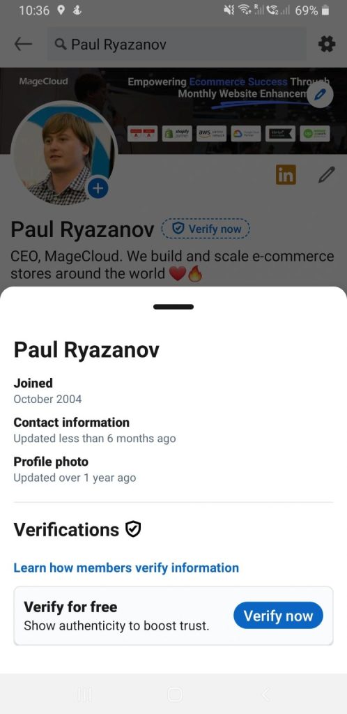 Paul Ryazanov's LinkedIn profile showing he joined in October 2004