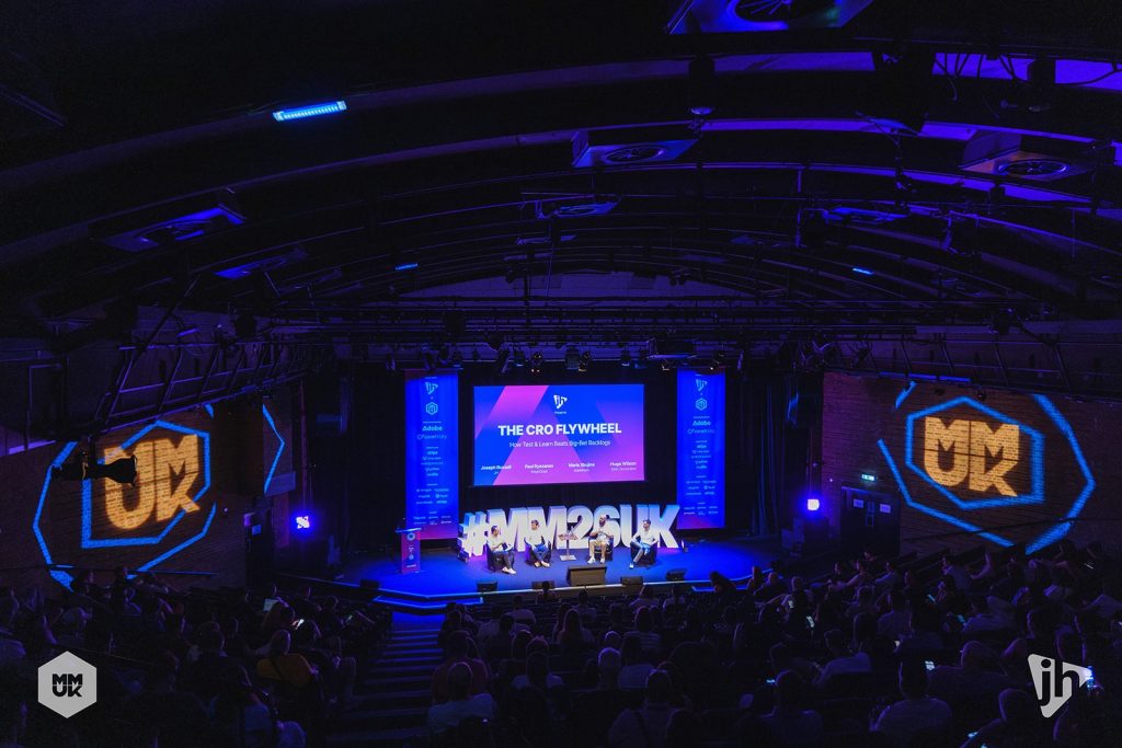 The main auditorium at MeetMagento UK 2026 during The CRO Flywheel panel