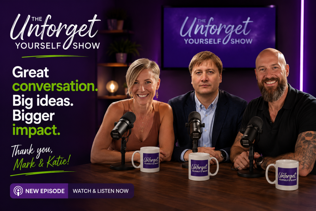 Paul Ryazanov with Mark and Katie in the studio recording The Unforget Yourself Show