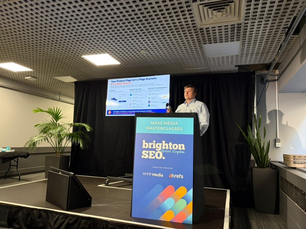 Paul Ryazanov on stage at the BrightonSEO Mass Media Masterclasses, October 2026