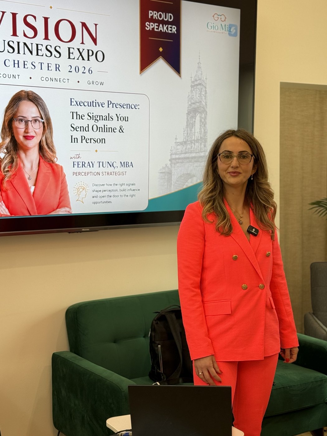 Feray Tunç beside her Executive Presence session slide at Vision Business Expo Chester 2026